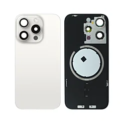 BACK GLASS WHITE TITANIUM WITH IRON PLATE MAGSAFE MAGNETIC METAL RING FOR IPHONE 15 PRO (BEST AFTERMARKET ONE PIECE)
